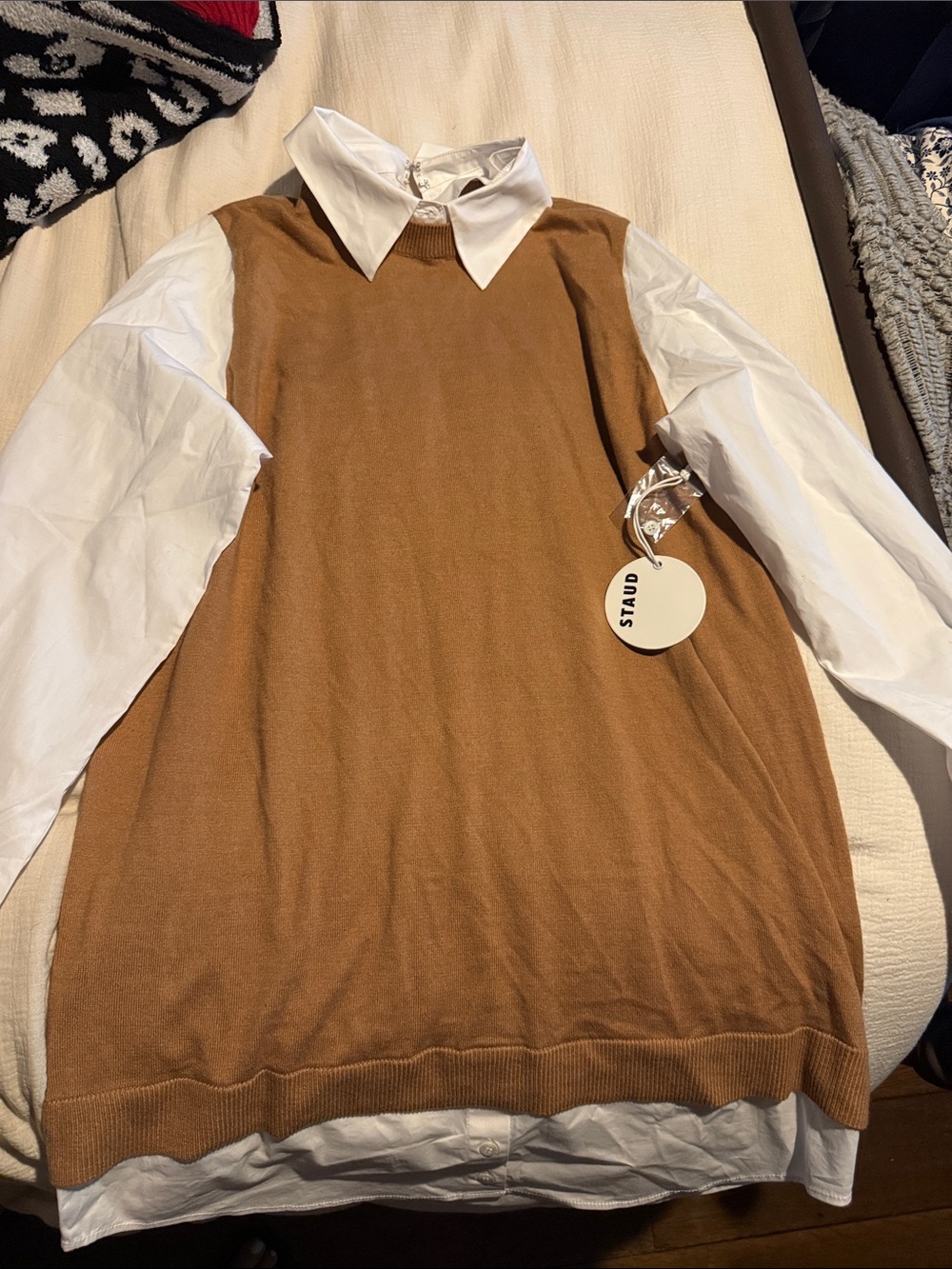 STAUD Camel Sweater Shell Over White Shirt